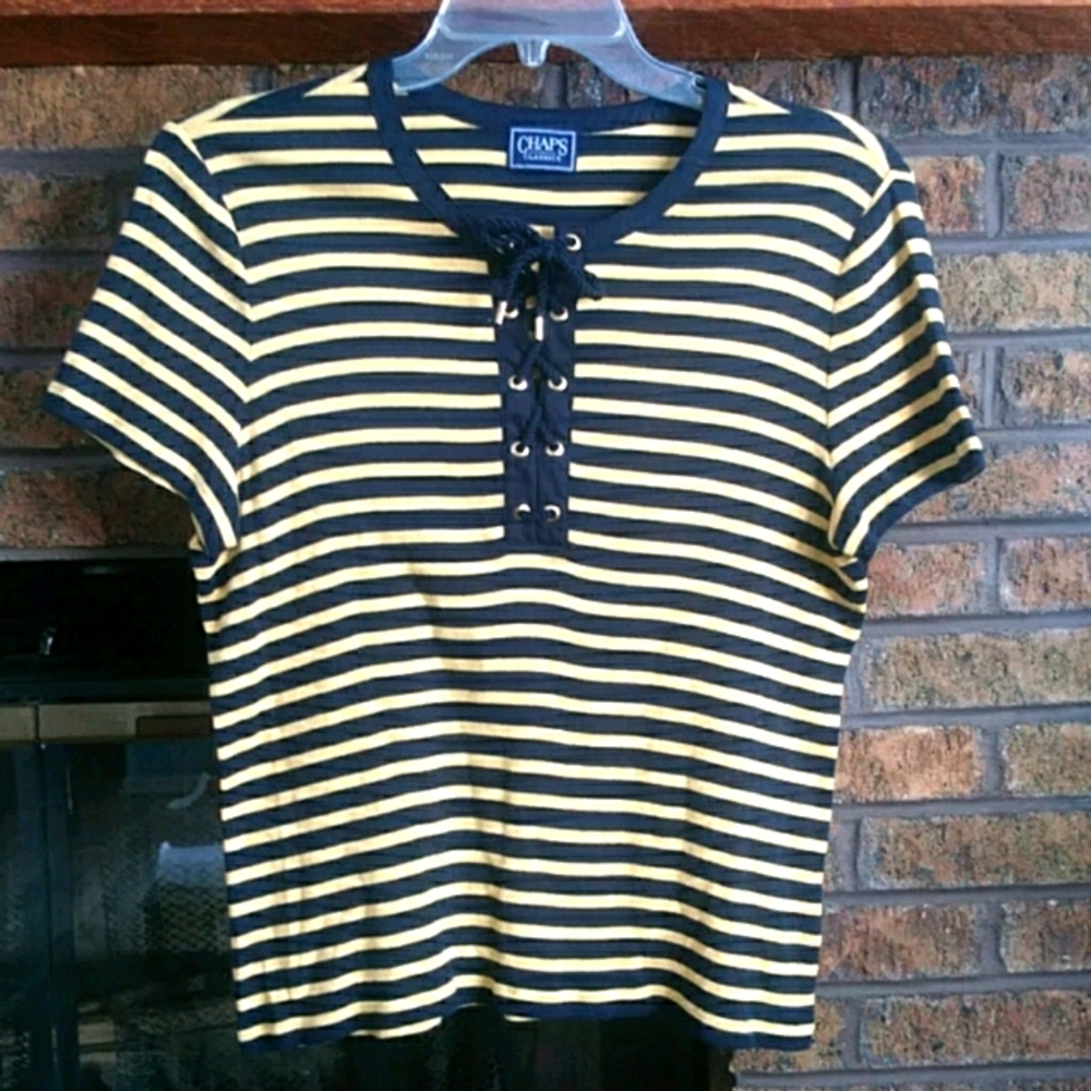 Chaps blue yellow striped front tie shirt